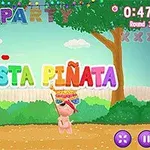Un personaje pequeño y rosado sosteniendo una piñata bajo un letrero colorido de Fiesta Piñata en un entorno de fiesta al aire libre con árboles y decoraciones