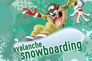 Personaje de dibujos animados practicando snowboard con un fondo verde y texto en inglés