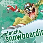 Personaje de dibujos animados practicando snowboard con un fondo verde y texto en inglés
