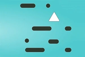 Fondo azul con figuras negras rectangulares y redondas, y un triángulo blanco
