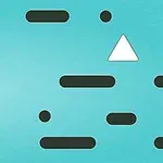 Fondo azul con figuras negras rectangulares y redondas, y un triángulo blanco