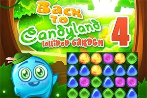 Un personaje azul sonriente junto a un tablero de colores brillantes y la frase Back to Candyland 4 Lollipop Garden en un fondo verde
