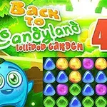 Un personaje azul sonriente junto a un tablero de colores brillantes y la frase Back to Candyland 4 Lollipop Garden en un fondo verde