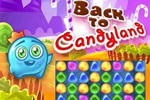 Personaje azul sonriente con un paisaje de fondo lleno de caramelos y un tablero de coloridas piezas brillantes