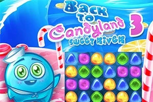 Personaje azul sonriente junto a un tablero de juego con piezas de caramelo de colores y fondo de tema dulce