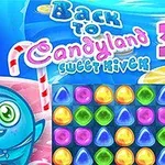 Personaje azul sonriente junto a un tablero de juego con piezas de caramelo de colores y fondo de tema dulce