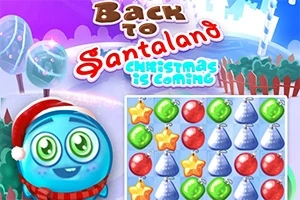 Personaje azul con gorro de Santa, fondo colorido con árboles navideños y objetos festivos en una cuadrícula