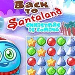 Personaje azul con gorro de Santa, fondo colorido con árboles navideños y objetos festivos en una cuadrícula