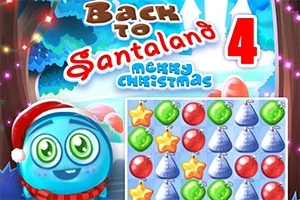 Personaje azul con gorro navideño junto a un tablero de juego con íconos festivos y colores brillantes