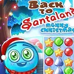 Personaje azul con gorro navideño junto a un tablero de juego con íconos festivos y colores brillantes