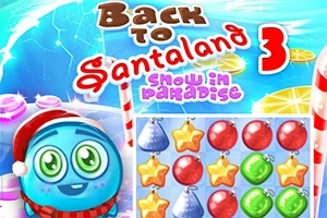 Un personaje azul navideño con gorro de Santa junto a un tablero de juego con decoraciones navideñas coloridas y la frase Back to Santaland 3