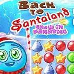 Un personaje azul navideño con gorro de Santa junto a un tablero de juego con decoraciones navideñas coloridas y la frase Back to Santaland 3