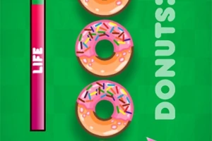 Donas con glaseado rosa y chispas de colores sobre un fondo verde con una barra de vida roja a la izquierda