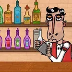 Cantinero con expresión de aburrimiento preparando una bebida en un bar con botellas de licor en estantes y un tazón de limones sobre la barra