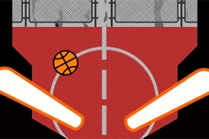 Cancha de baloncesto con un balón y flippers de máquina de pinball a los lados