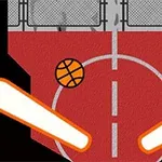 Cancha de baloncesto con un balón y flippers de máquina de pinball a los lados