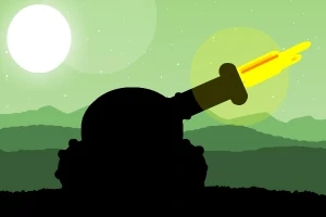 Silueta de una torreta disparando proyectiles bajo un cielo verde con montañas al fondo