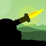 Silueta de una torreta disparando proyectiles bajo un cielo verde con montañas al fondo