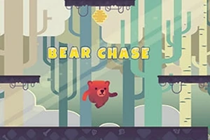 Un oso rojo corre entre plataformas en un bosque con la palabra Bear Chase en el centro