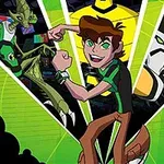 Joven con cabello castaño en pose dinámica rodeado de figuras alienígenas y elementos tecnológicos en tonos verdes y negros