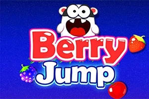 Título Berry Jump con dibujos de frutas y un personaje caricaturesco sobre fondo azul