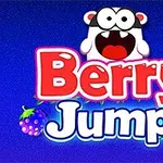 Título Berry Jump con dibujos de frutas y un personaje caricaturesco sobre fondo azul