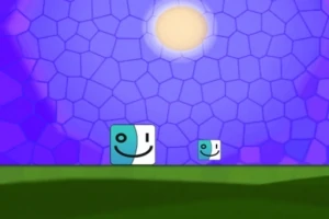 Dos cubos sonrientes en un campo con un cielo morado y un sol brillante