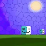 Dos cubos sonrientes en un campo con un cielo morado y un sol brillante