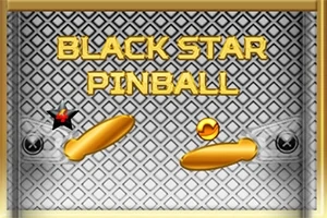Texto dorado que dice Black Star Pinball sobre un fondo gris con un patrón de cuadrados, acompañado de dos flippers naranjas y una bola
