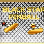 Texto dorado que dice Black Star Pinball sobre un fondo gris con un patrón de cuadrados, acompañado de dos flippers naranjas y una bola