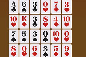 Varias cartas de juego ordenadas en una cuadrícula sobre un fondo marrón