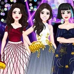 Cuatro mujeres con vestidos elegantes posan frente a un fondo con luces brillantes y coloridas