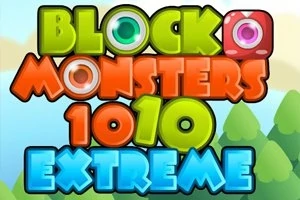 Texto colorido en letras grandes que dice BLOCK MONSTERS 1010 EXTREME sobre un fondo con árboles y cielo