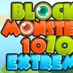 Texto colorido en letras grandes que dice BLOCK MONSTERS 1010 EXTREME sobre un fondo con árboles y cielo