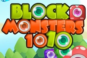 Título colorido Block Monsters 1010 con letras grandes y ojos, fondo de montañas y cielo