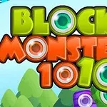 Título colorido Block Monsters 1010 con letras grandes y ojos, fondo de montañas y cielo
