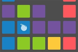 Cuadrados de colores con un ícono de bomba azul en una cuadrícula gris