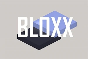 Texto BLOXX en letras grandes blancas sobre dos bloques rectangulares superpuestos, uno azul claro y otro negro, en un fondo gris claro