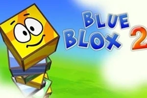 Cubo amarillo con rostro sonriente en una pila de bloques, acompañado del texto Blue Blox 2 sobre un fondo azul y verde