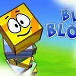 Cubo amarillo con rostro sonriente en una pila de bloques, acompañado del texto Blue Blox 2 sobre un fondo azul y verde