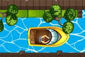 Vista superior de un bote amarillo navegando por un canal de agua rodeado de árboles y césped