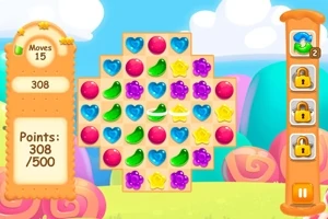 Interfaz colorida de un juego de puzles con piezas en forma de caramelos de varios colores y una barra de progreso a la derecha