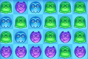 Figuras de colores brillantes en forma de fantasmas y gatos organizadas en una cuadrícula azul