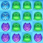 Figuras de colores brillantes en forma de fantasmas y gatos organizadas en una cuadrícula azul