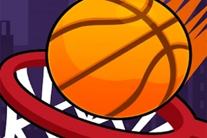 Pelota de baloncesto al borde de entrar en una canasta con fondo urbano