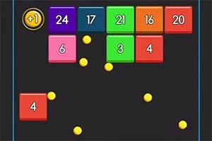 Bloques de colores con números y bolas amarillas en un fondo oscuro