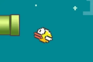 Pájaro pixelado amarillo volando cerca de un tubo verde en un fondo azul