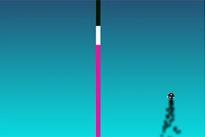 Fondo azul con una barra vertical multicolor y una bola en movimiento que deja una estela negra