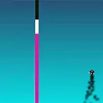 Fondo azul con una barra vertical multicolor y una bola en movimiento que deja una estela negra