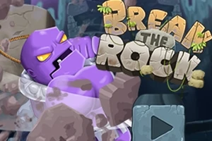 Un personaje púrpura de aspecto robusto rompiendo rocas con el texto Break the Rock encima